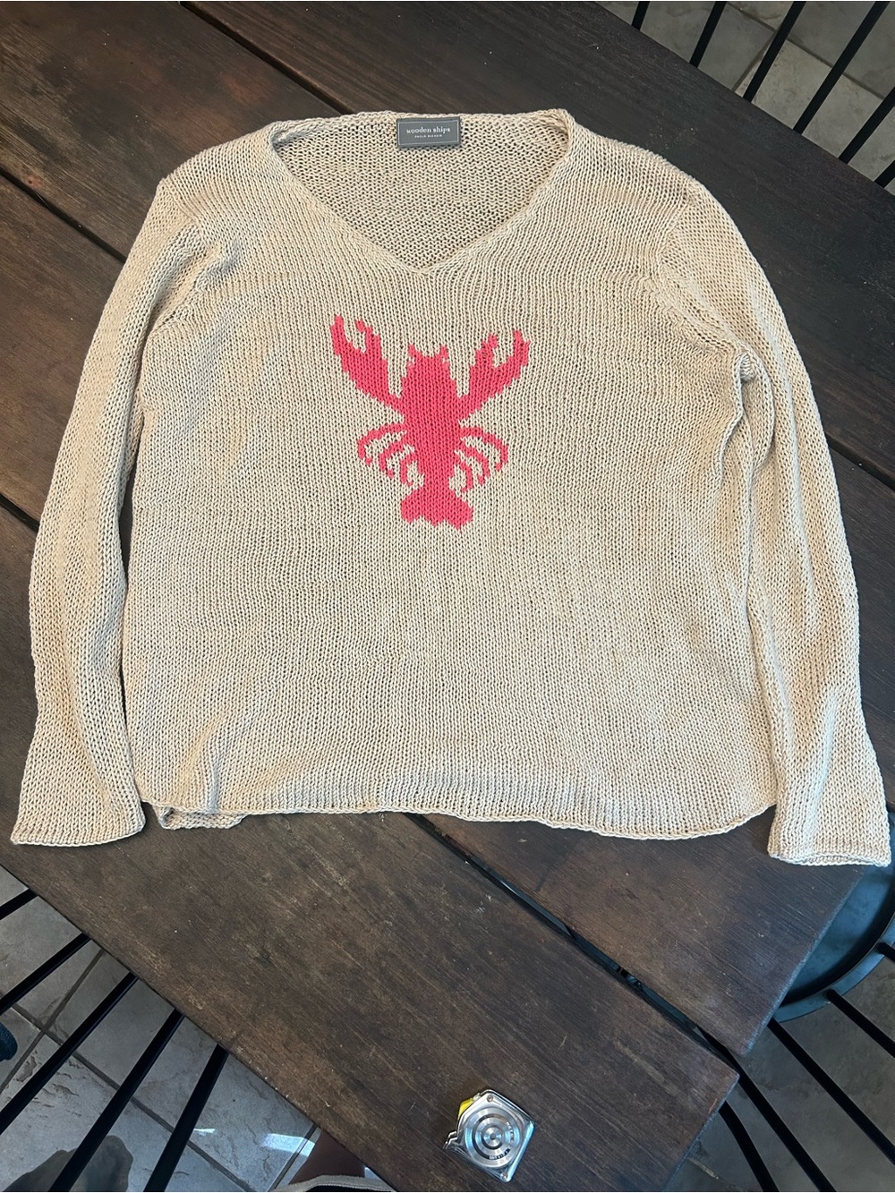 Rare Wooden Ships Women's Cream Knit Sweater with Pink Lobster Graphic